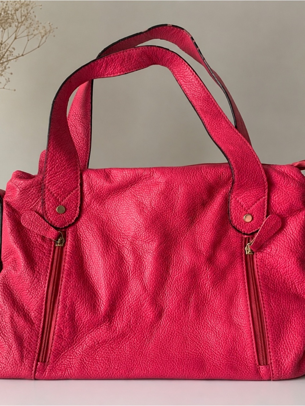 Hot Pink Pebbled Faux Satchel Shoulder Bag Large Tote Purse Zip Accent